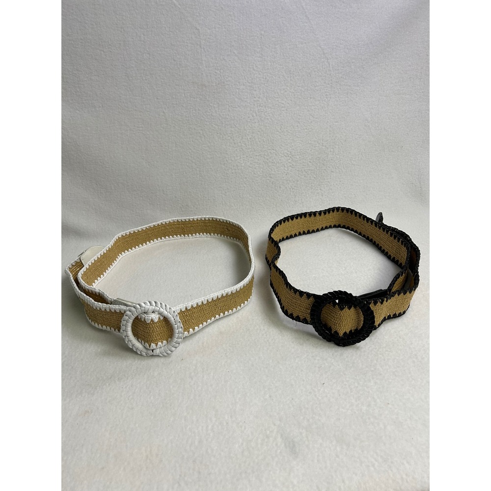 Boho Coastal Unbranded Women 1X/3X Tan White Black Woven Stretch Belt Set 2pk